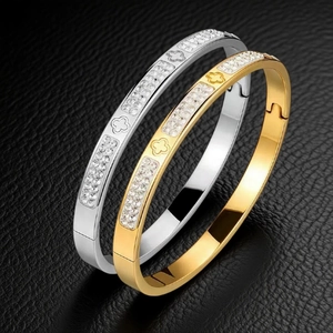 Women Bangle Bracelet Stainless Steel Gold Plated Sparkling Cubic Zirconia Clover Heart Cross Hinge Elegant Jewelry