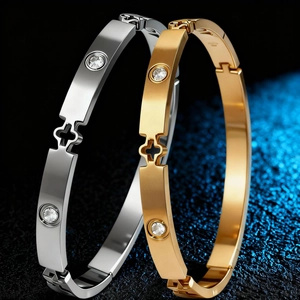 Stainless Steel Bangle Bracelet For Women With Hollow Four Leaf Clover And Cubic Zirconia Brushed Fashion Jewelry