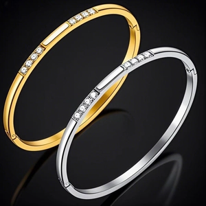 Minimalist Stainless Steel Bangle Bracelet Rhinestone Shell Inlay Waterproof Tarnish Free Luxury Jewelry For Women