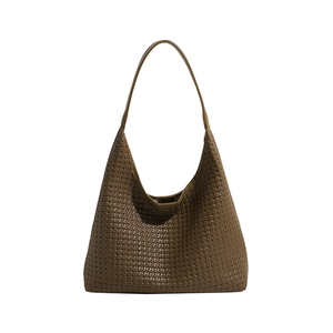Brown woven leather hobo bag with large capacity and minimalist shoulder strap design