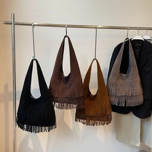 Retro matte suede tote bags with fringes in black, brown, and caramel colors
