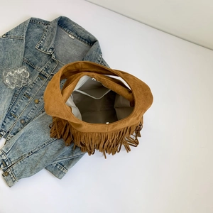 Vintage brown suede fringe tote bag with bohemian tassels and large capacity for women