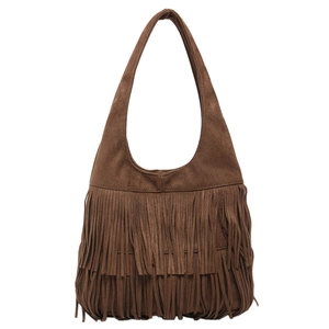 Retro brown suede tassel shoulder bag with bohemian fringe and large capacity tote style