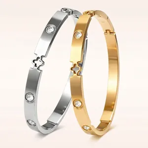 Bracelets en acier inoxydable doré et argenté avec zircons et trèfle ajouré