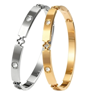 Bracelets plats en acier inoxydable avec trèfles évidés et diamants en or et argent