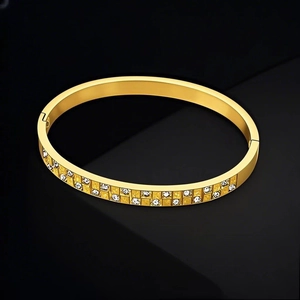 Fashion Stainless Steel Double Row Rhinestone Bangle For Men Women Hip Hop Checkerboard Grid Pattern Gold Plated Geometric Hinge Bracelet Jewelry Gift