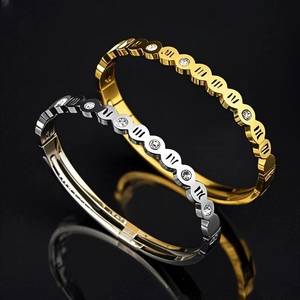 Stainless Steel Bangle For Women With Hollow Roman Numerals And Cubic Zirconia Fashion Elegant Polished Inlaid Bracelet
