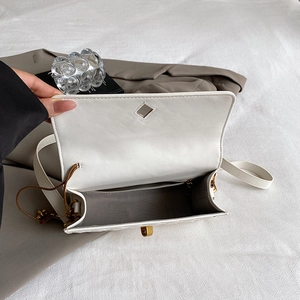 White woven crossbody bag with gold twist lock and herringbone lining interior