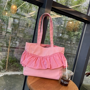 Women Canvas Tote Bag Ruffle Trim Pleated Large Capacity Casual Korean Style Shoulder Handbag Sweet