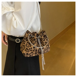 Detail of leopard print bucket bag with silver chain strap and metallic tassel
