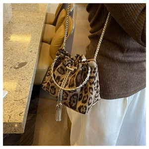 Detail of leopard print bucket bag with silver metal ring handle and chain strap on model
