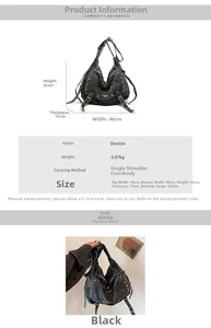 Detailed size chart for black washed denim tote bag with 46cm width and 35cm height