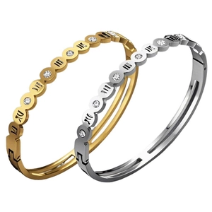 Titanium steel bangle featuring Roman numerals and crystals in gold and silver finish
