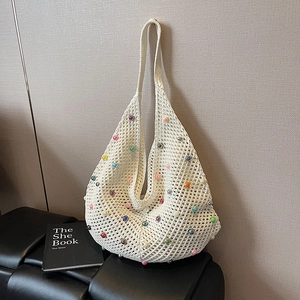 Women Knitted Crochet Shoulder Bag Colorful Faux Artificial Pearl Decor Hollow Out Handmade Bohemian Vacation Beach Tote