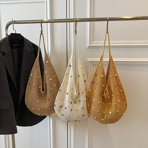 Bohemian knit pearl tote bags in khaki, beige and yellow with hollow mesh texture