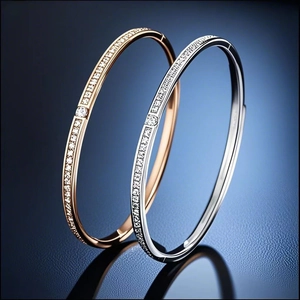 Detail of rose gold and silver bangle set with pave zircon stones and mirror reflection