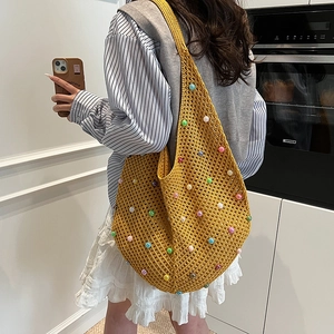 Yellow crochet tote bag with colorful pearl beads, hollow knit beach shoulder bag