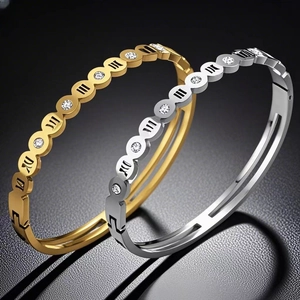 Stainless Steel Bangle Bracelet Hollow Roman Numeral Rhinestone Wave Pattern Elegant Jewelry For Women