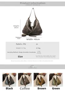 Detailed size chart for large PU leather tote bag with dimensions 40x34x13cm