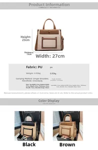 Detailed size chart of the canvas tote bag with brown PU leather trim and dimensions