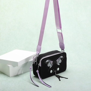 Retro camera-style crossbody bag with purple butterfly embroidery and silver rivets