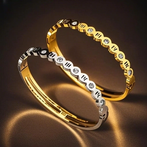 Bracelet Jonc En Acier Inoxydable Chiffres Romains Creux Rond Incrusté De Strass Bijoux Mode Femmes