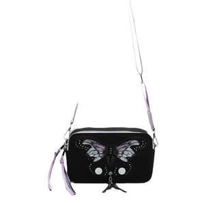 Retro camera-style shoulder bag in black with purple butterfly pattern and studs