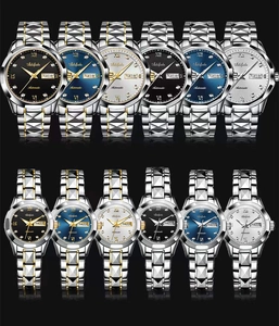 Detailed grid of stainless steel quartz watches in black, blue and white dial colors
