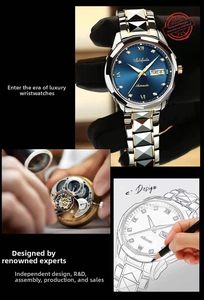 Detail view of two-tone stainless steel watch band with butterfly clasp and movement assembly