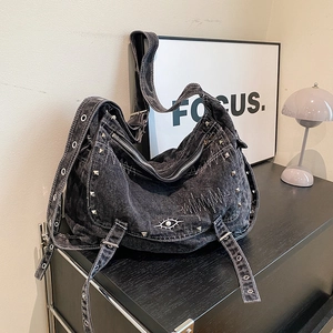 Large Capacity Washed Denim Shoulder Bag Vintage Street Style Rivet Eye Embroidery Y2K Hobo Tote Bag For Women
