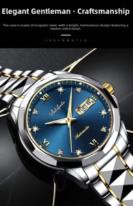 Macro detail of men's tungsten steel watch with blue sunray dial and dual calendar display