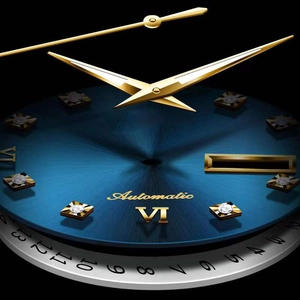 Macro view of blue sunburst dial with gold hands and diamond hour markers on business watch