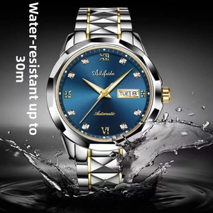 Detail of quartz watch dial with water splash showing 30M waterproof performance