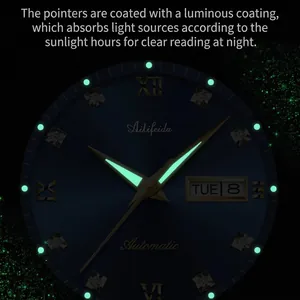 Luminous watch hands and markers glowing in the dark for clear nighttime visibility