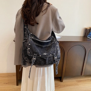 Y2K vintage washed black denim tote bag with silver studs and eye embroidery