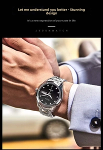 Detail of a luxury business watch with black dial and silver stainless steel strap