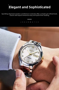 Close-up of a men's automatic watch with white dial, gold Roman numerals, and date window