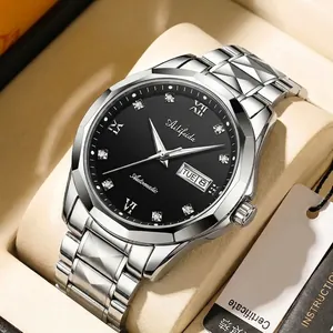 Detail view of steel watch dial with Roman numerals and day-date display in gift box
