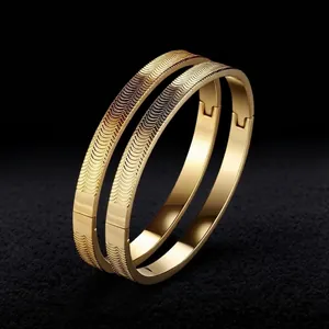 Stainless Steel Bangle Bracelet Wave Texture Hinged Cuff Fashion Minimalist Punk Jewelry For Men Women Waterproof