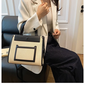 Detail of the canvas and leather panel handbag shown in a professional studio setting