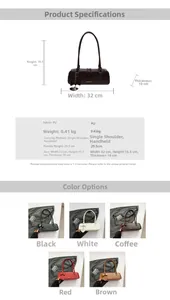 Size specifications and color chart for minimalist PU leather baguette shoulder bag