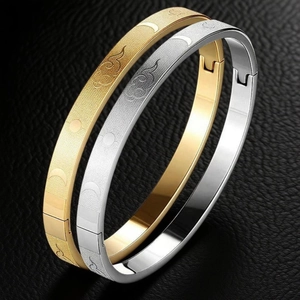 Stainless Steel Cuff Bracelet Sun Moon Cloud Engraved Matte Finish Waterproof Non-Rusting Vintage Fashion Bangle