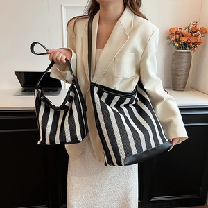 Minimalist striped tote bag set with black and white woven texture for women's daily commute