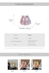 Size chart and specifications for plush sequin star bucket bag with chain strap