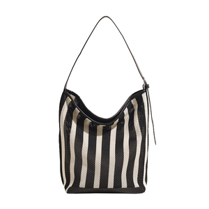 Chic black and white striped knit tote bag with black leather shoulder straps