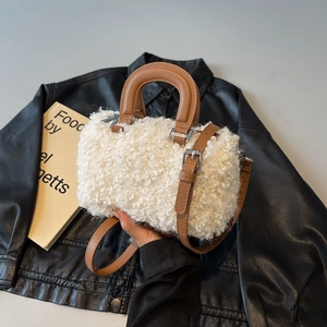 Women Plush Handbag Fuzzy Lamb Wool Boston Bag Top Handle Crossbody Shoulder Bag For Autumn Winter Fashion