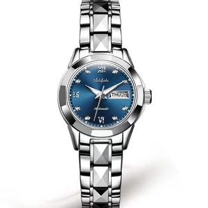 Women's quartz steel business watch with blue sunray dial and day-date display