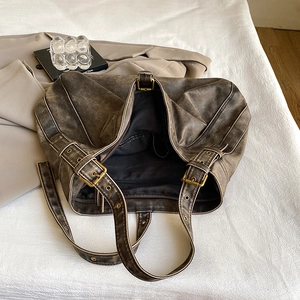 Vintage large brown PU leather tote bag with industrial retro style for women