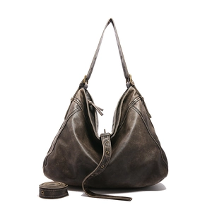 Vintage washed PU leather hobo bag in dark grey-brown with adjustable shoulder strap