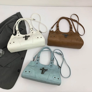 Punk Motorrad-Handtasche mit gotischem Kreuz in Creme, Hellbraun und Blau für Damen